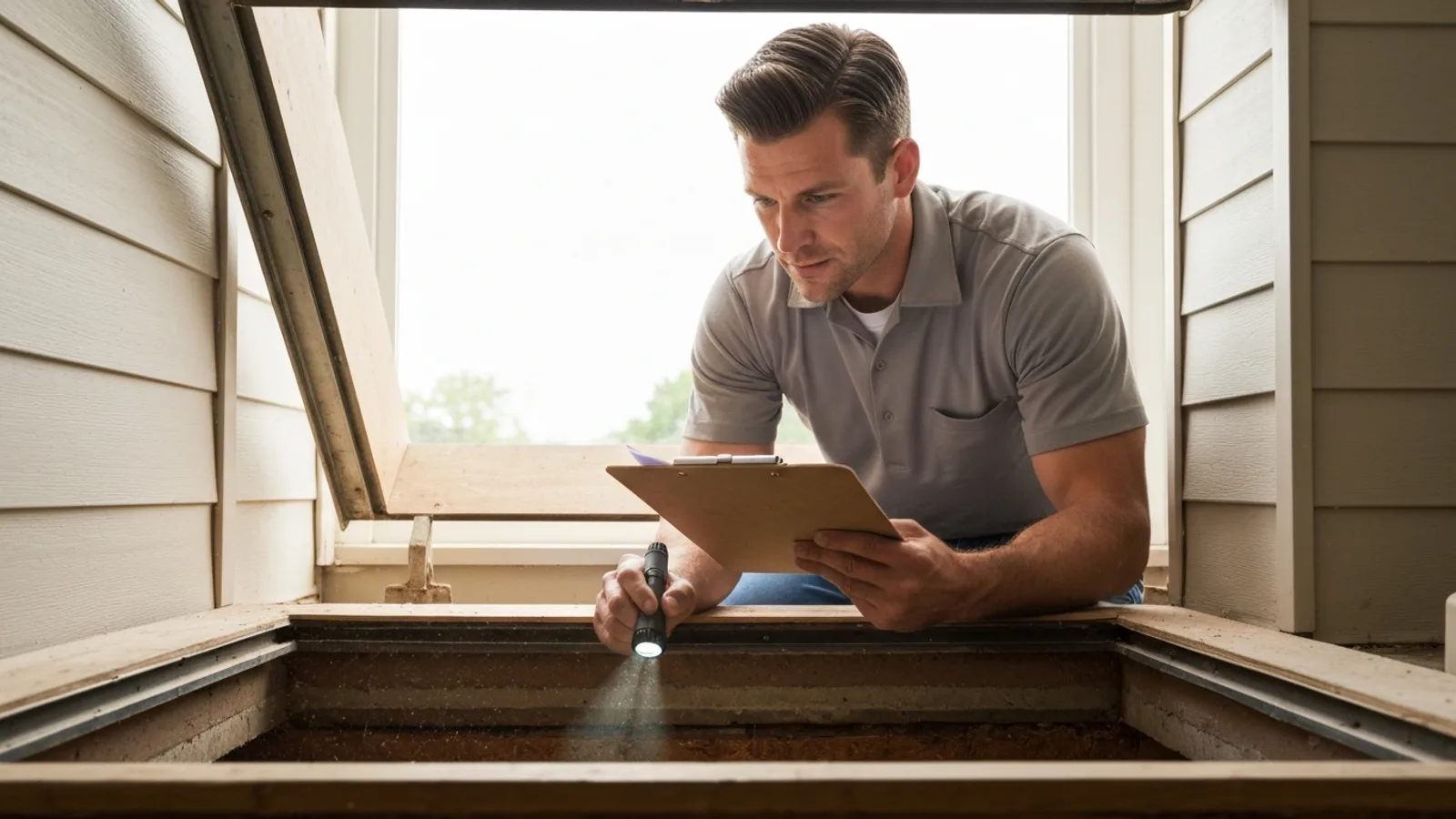Contractor inspecting a crawl space with a flashlight while a homeowner reviews a quote