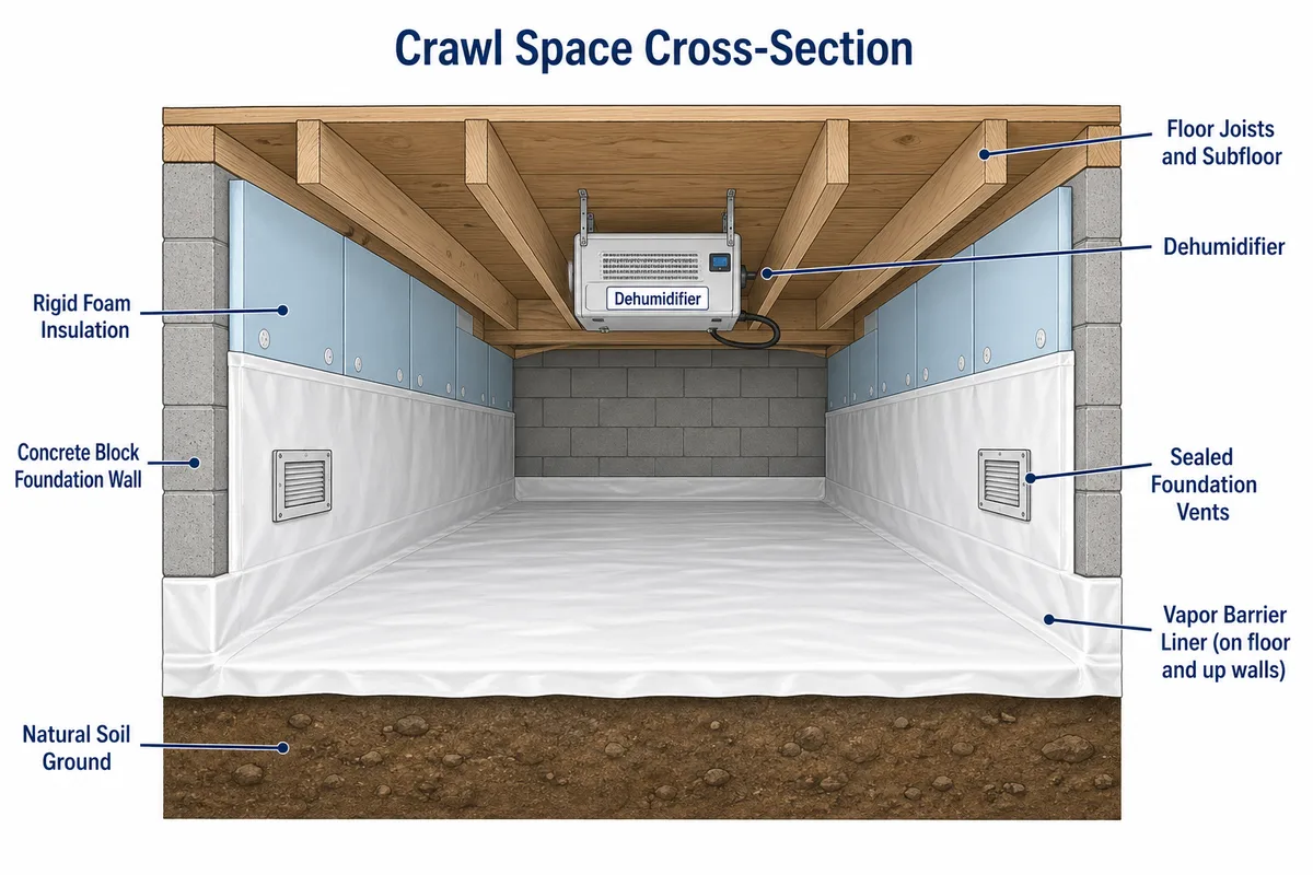 Cross-section diagram of a fully encapsulated crawl space showing vapor barrier, wall insulation, sealed vents, and dehumidifier
