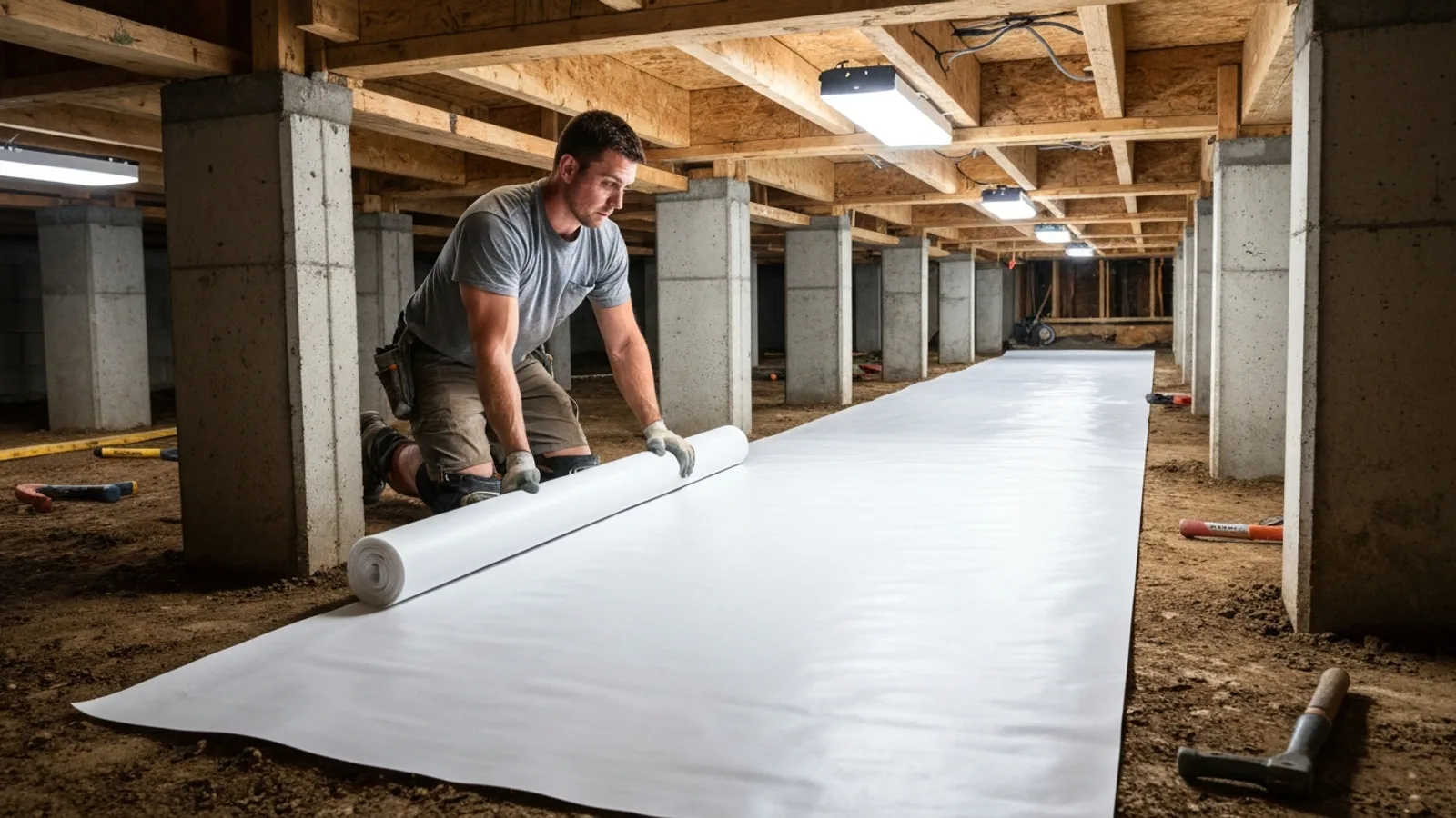 Contractor installing a white vapor barrier liner during a crawl space encapsulation job